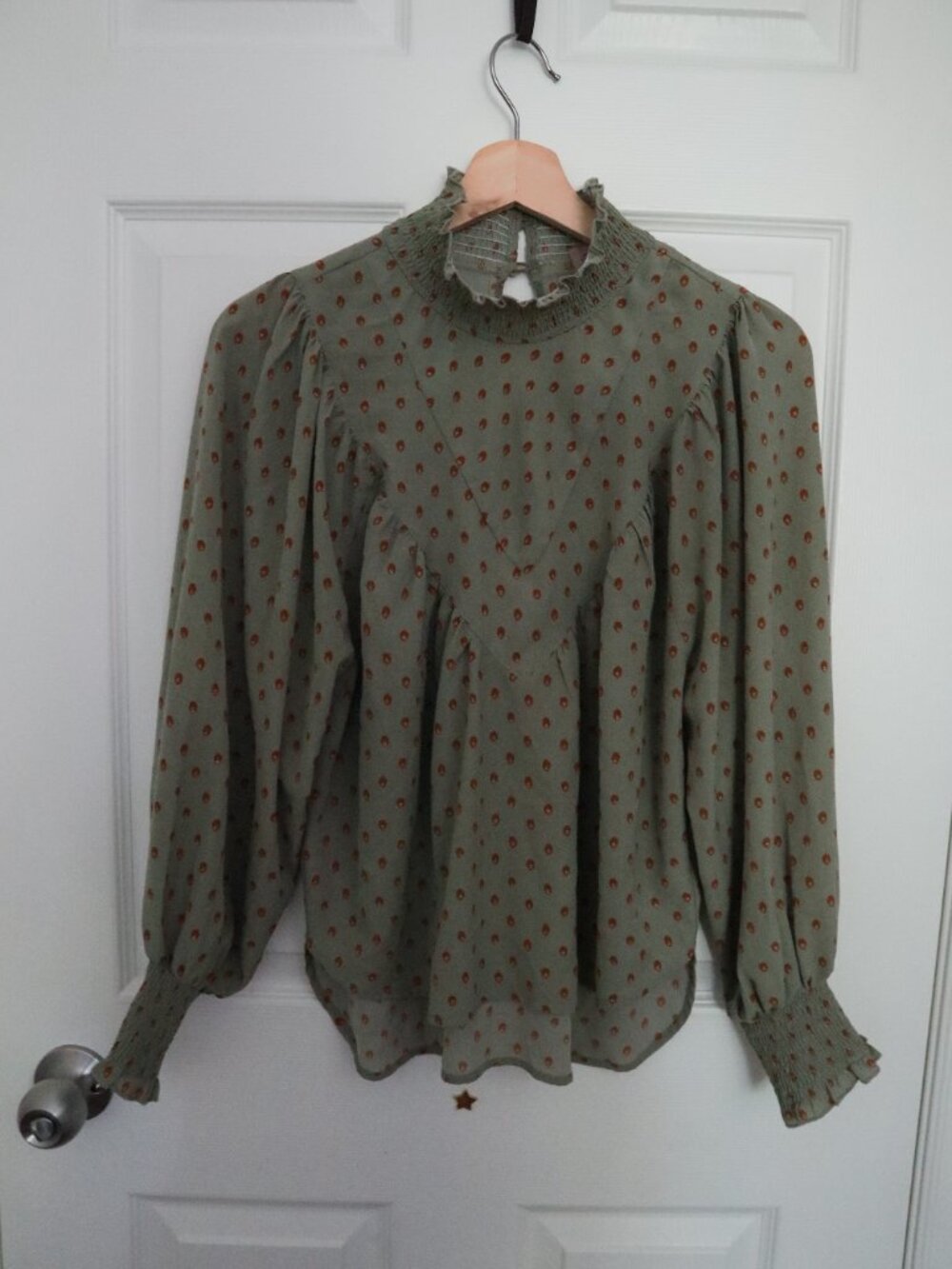 Miss Patina London Scarlett Victorian Blouse In Green Size S/M Ruched Neck